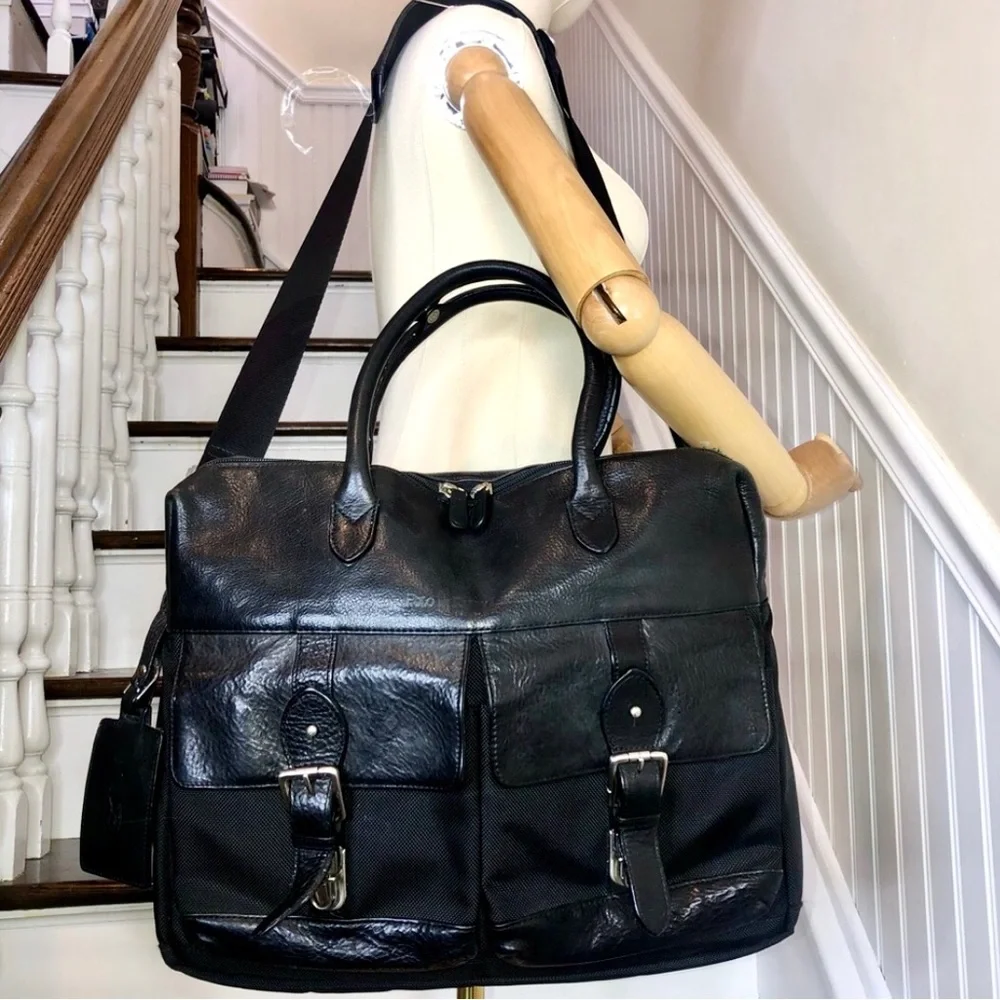 RALPH LAUREN Black Leather and Canvas Laptop Messenger Shoulder Work Bag VTG